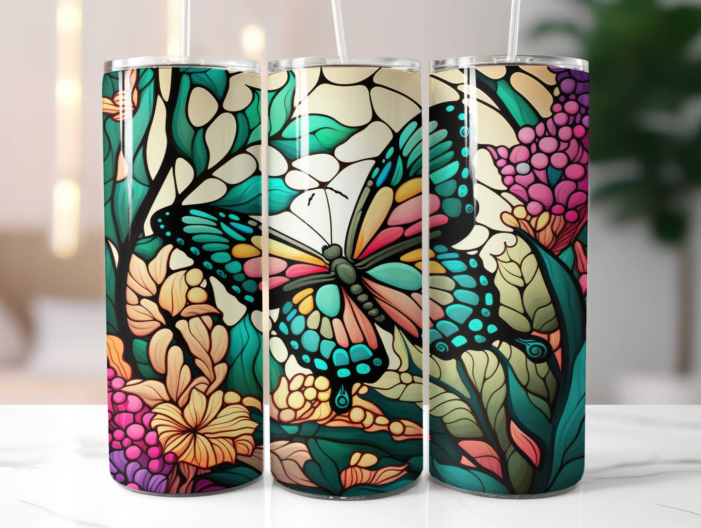 Butterfly Stained Glass Tumbler with Lid and Straw | Gifts for Women Men Reusable Stainless Steel Water Bottle Travel Mug