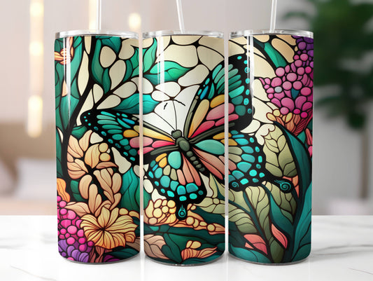 Butterfly Stained Glass Tumbler with Lid and Straw | Gifts for Women Men Reusable Stainless Steel Water Bottle Travel Mug