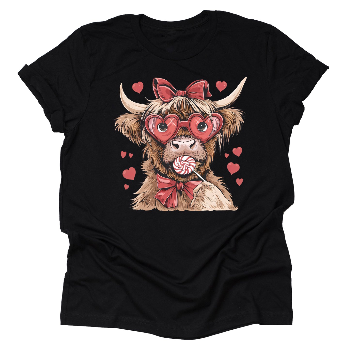 Valentine Highland Cow Hearts Lollypop Graphic Design Casual Short Sleeve Shirt