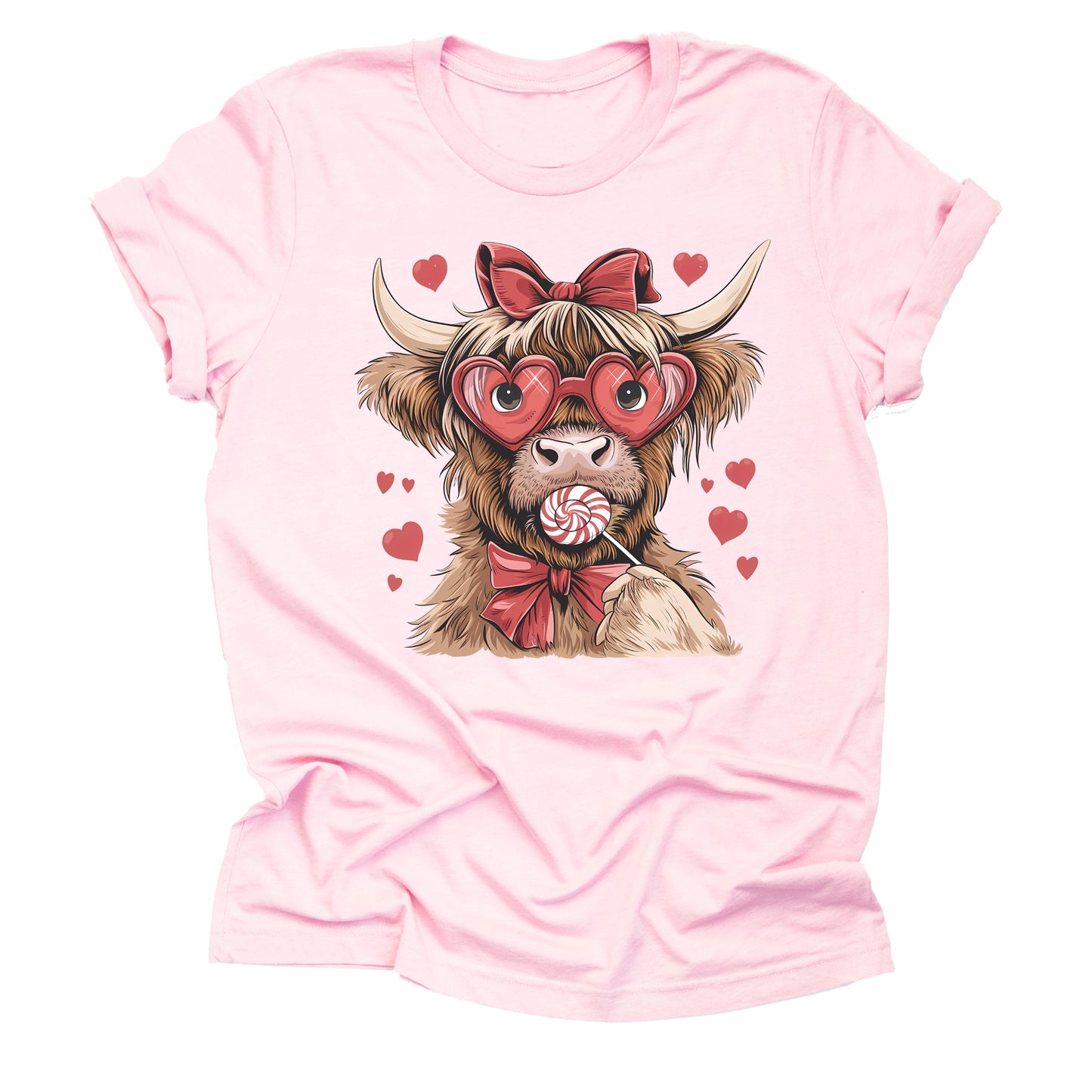 Valentine Highland Cow Hearts Lollypop Graphic Design Casual Short Sleeve Shirt